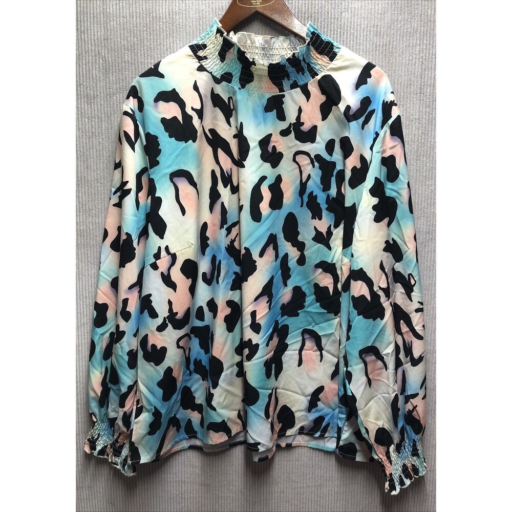 SHEIN Curve Womens Blouse 4XL Leopard Print Dopamine Mock Neck Smocked Plus Size